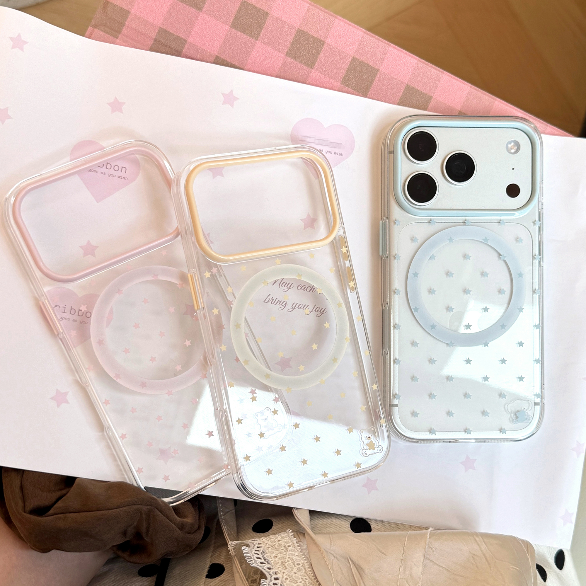 Yellow Phone Accessories - Cute Pink Yellow Blue Star Pattern